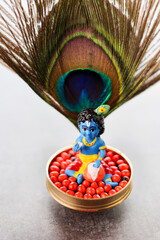 Sri Krishna statue with peacock feather. Lord Krishna Standing with Flute