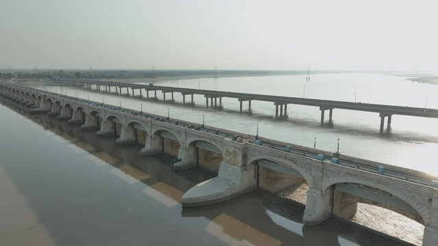 Sukkur Barrage on Indus River, Sindh, Pakistan - aerial fly-over