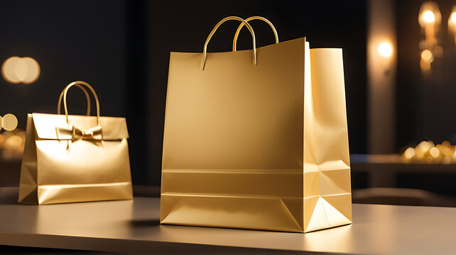 Blank golden paper bag for black friday, gold paper bag, luxury gift in fancy packaging, private sale, present for christmas, weddings, birthday, anniversary, store background table. ai
