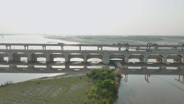 Reflective Sukkur Barrage on the Indus, Sindh, Pakistan