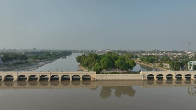 Sukkur Barrage over Indus River, Sindh, Pakistan - aerial