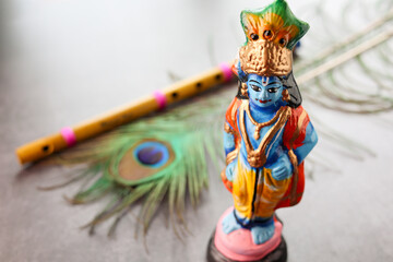 Sri Krishna statue with peacock feather. Lord Krishna Standing with Flute Vishu festival Kerala