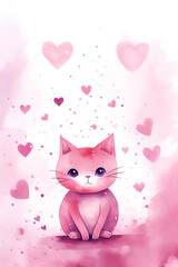 Pink watercolor illustration background for valentines day with cat and hearts