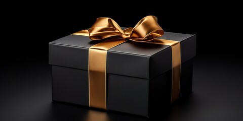 Obraz premium A black gift with a gold ribbon on a black background, birthday