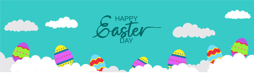 Happy Easter banner. Trendy Easter design with  Modern minimal style typography, hand painted strokes and dots, eggs, bunny ears, in pastel colors. Horizontal poster, greeting card, header for website