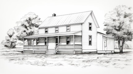 Minimalistic Art Drawing of a Colonial Farmhouse with Wraparound Porch AI Generated