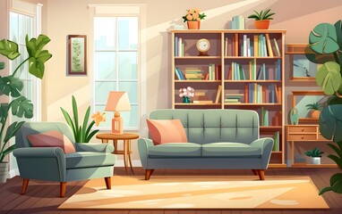 Spring interior of living room with sofa, armchair, bookshelf and tv. Vector cartoon illustration

