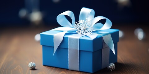 A blue gift box with a white ribbon on a wooden table on a blue background