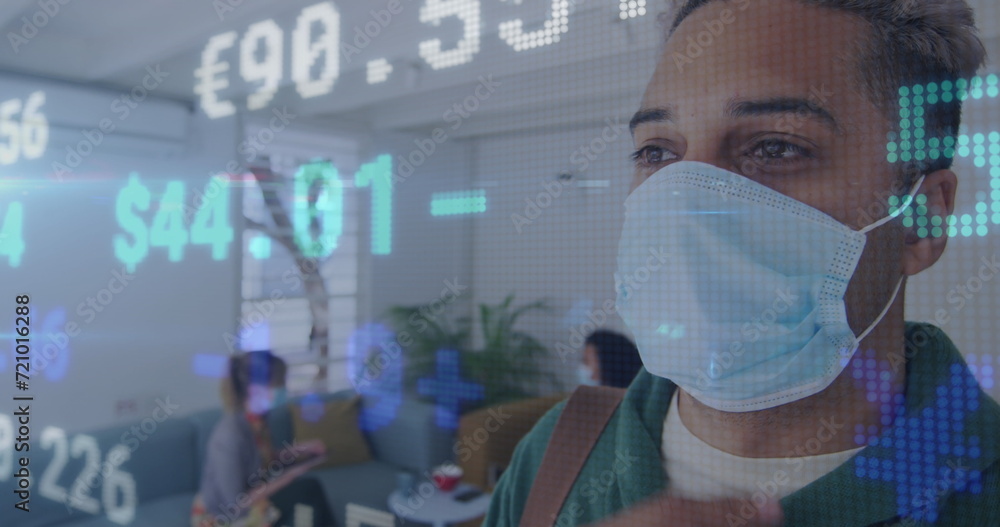 Poster image of digital interface showing statistics with colleagues in office wearing face masks