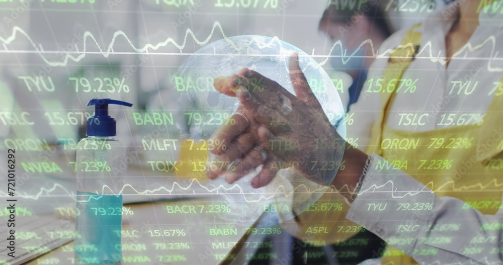 Poster image of digital interface showing statistics and globe with man disinfecting hands wearing face mas