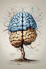 A concept abstract illustration of An evolving Brain with the help of philosophy and knowledge in isolated background, colorful, nerves, concept, tree idea