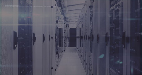 Image of data processing on computer screen tech room with computer servers