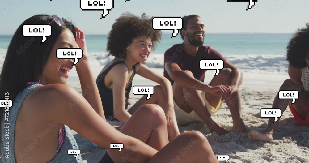 Poster image of speech bubble with lol text over smiling friends on beach