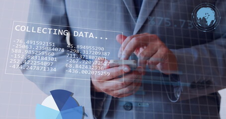 Image of financial data processing over caucasian businessman using smartphone