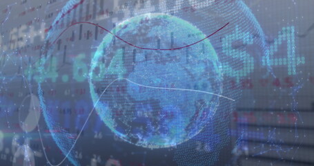 Fototapeta na wymiar Image of digital interface showing statistics with globe made of connections spinning