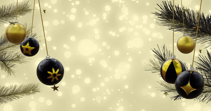 Christmas trees with swinging black and gold baubles over glowing light spots and stars, copy space
