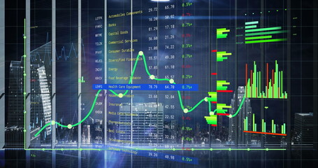 Image of financial data processing over cityscape