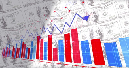 Image of financial data processing over american dollar bills