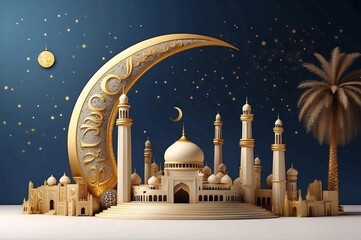 mosque at night 3d rendering mecca pilgrimage kaaba Eid al fitr or ramadan sale banner Crescent moon and star