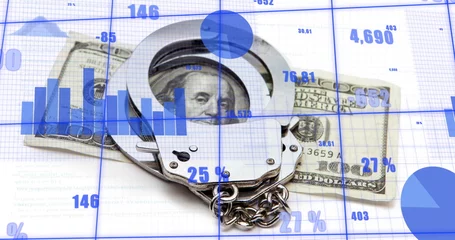 Fototapete Amerikanische Orte Image of financial data processing over american dollar bill and handcuffs