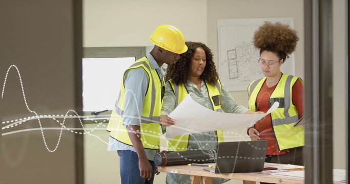 Image of financial data processing over diverse architects in office