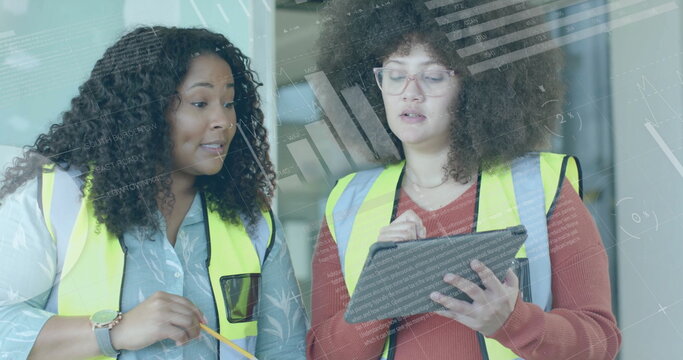 Image of statistics and data processing over diverse female architects in office