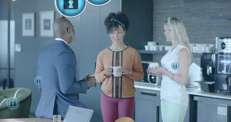 Image of padlock icons processing over diverse business people in office