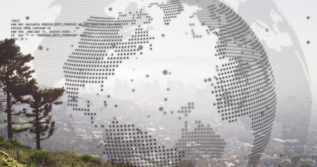 Image of globe and data processing over landscape