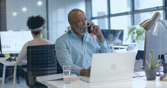 Image of financial data processing over diverse business people in office