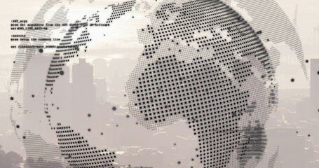 Image of data processing and globe over cityscape