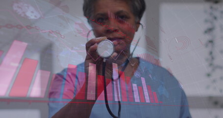 Covid 19 statistical data processing against african american female doctor holding stethoscope