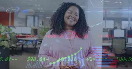 Image of financial data processing over smiling biracial businesswoman in office