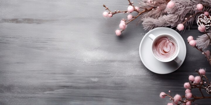 Cup of hot chocolate with pink flowers on wooden background. Top view Generative AI