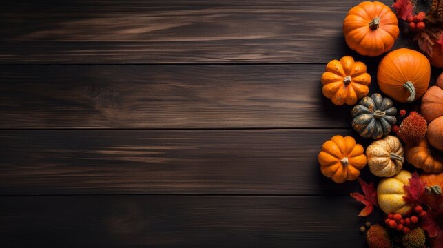 Autumn background with pumpkins, leaves and berries on dark wooden background. Top view with copy space Generative AI