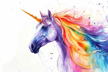 Obraz na płótnie Canvas A whimsical watercolor illustration of a unicorn with a flowing mane and horn. The colorful design, mythical creature