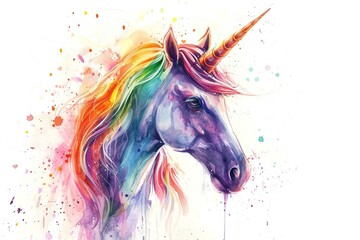 A whimsical watercolor illustration of a unicorn with a flowing mane and horn. The colorful design, mythical creature - obrazy, fototapety, plakaty