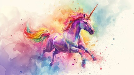 A whimsical watercolor illustration of a unicorn with a flowing mane and horn. The colorful design, mythical creature