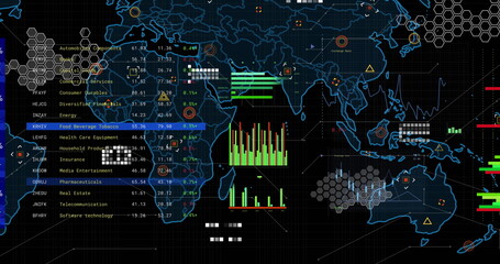 Image of financial data processing over screens and world map