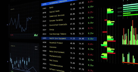 Image of financial data processing on screen over black background