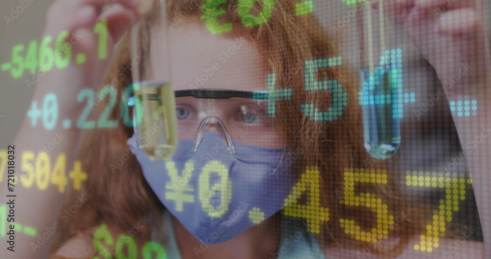Poster image of digital interface showing statistics with scientist comparing fluids wearing face masks