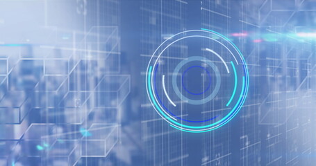 Image of scope scanning and data processing over cityscape