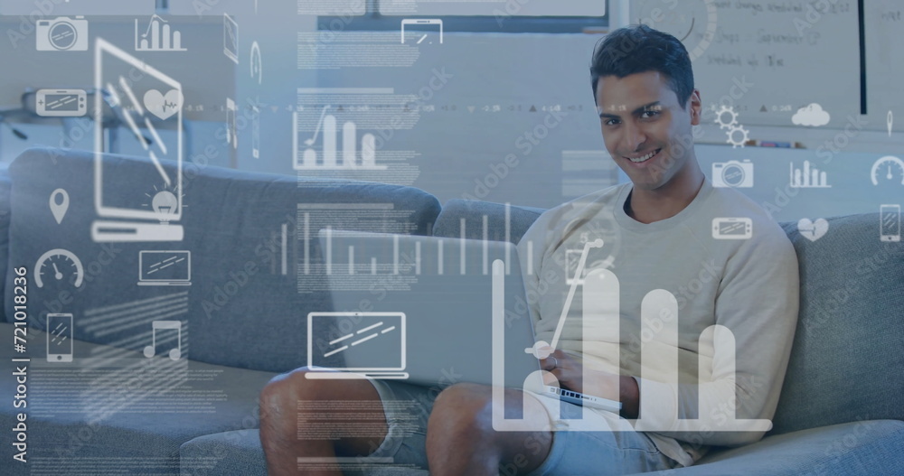Poster image of data processing over biracial man using laptop