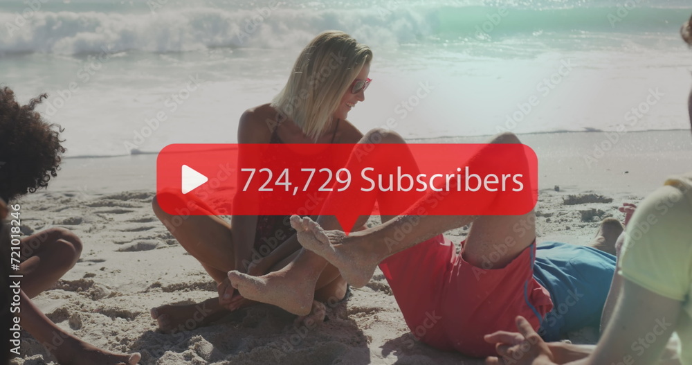 Poster image of speech bubble with subscribers text and numbers over friends on beach