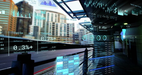 Image of financial data processing over city street