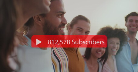 Image of speech bubble over subscribers text and numbers over friends on beach