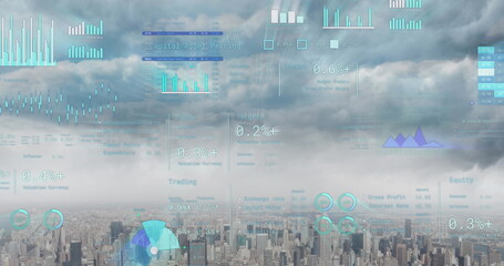 Image of financial data processing over cityscape