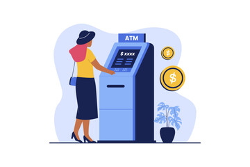 Withdraw cash at the ATM machine. Vector flat illustration