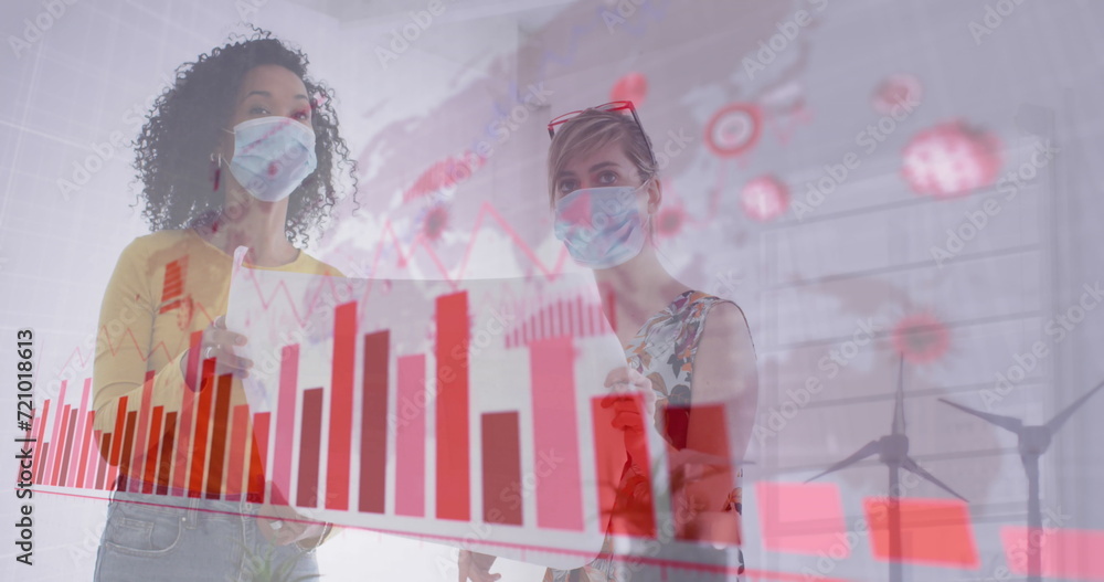 Poster image of digital interface showing statistics with colleagues in office wearing face masks