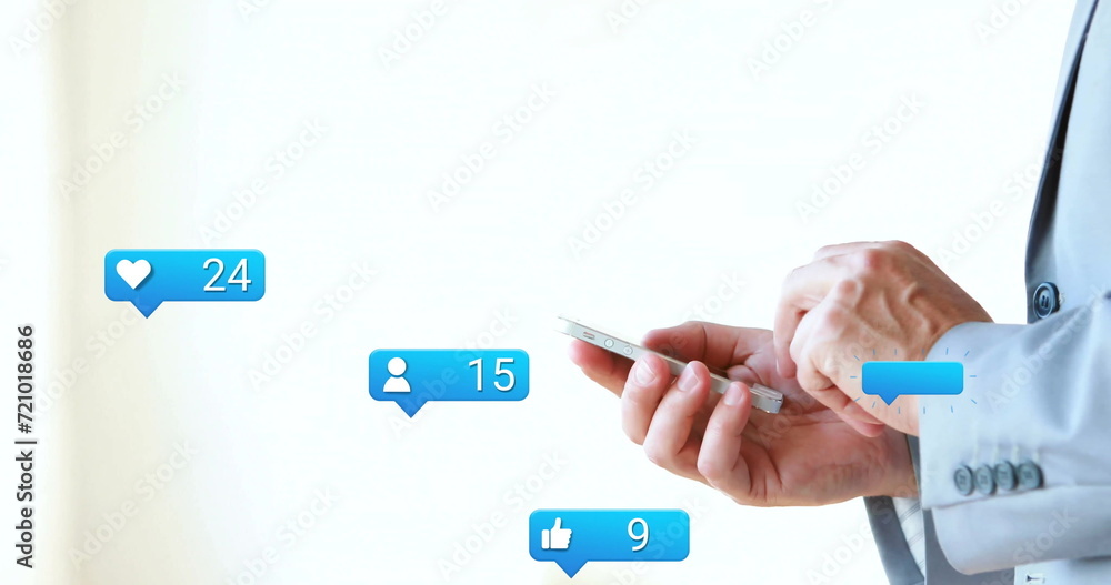 Poster image of data processing over caucasian businessman with smartphone in office