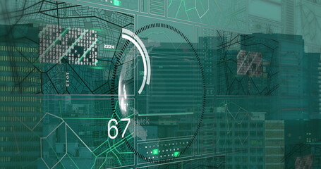 Image of data processing and globe over cityscape